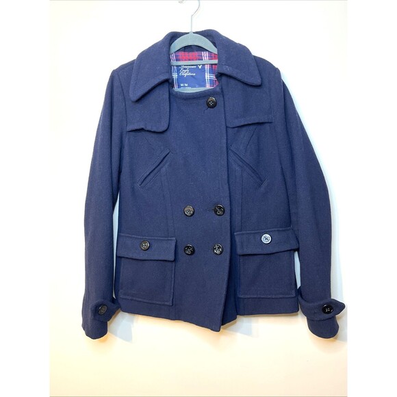 American Eagle Navy Wool Double Breasted Pea Coat Flannel Lining Sz Medium Women - Picture 1 of 16